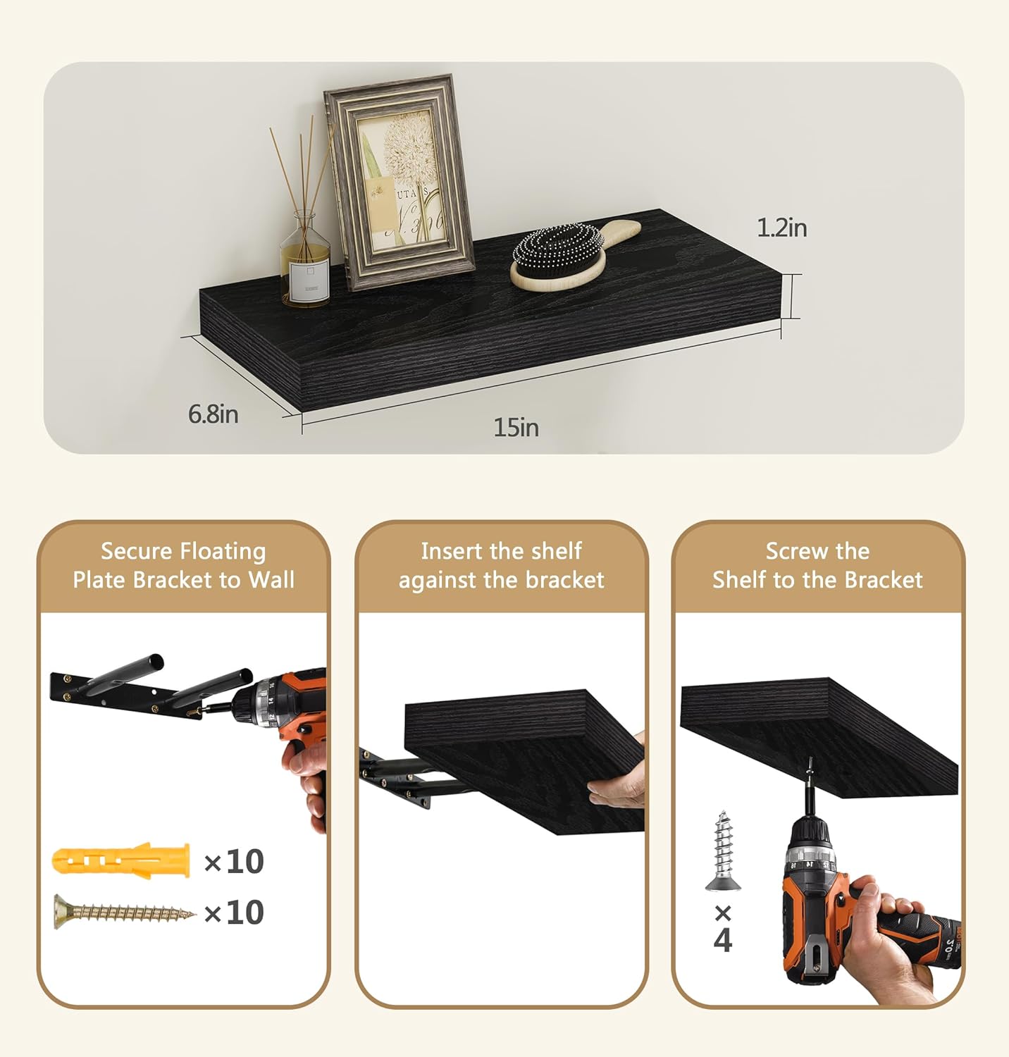 Vervida Floating Shelves Set of 3 Black 15 Inch Wall Mount