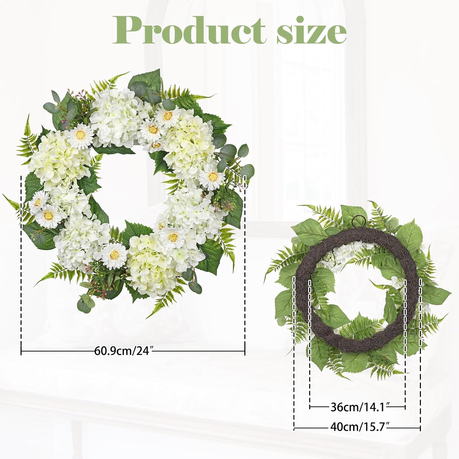 Briful 24 Inch Spring Wreath Realistic White Hydrangea Artificial Decor