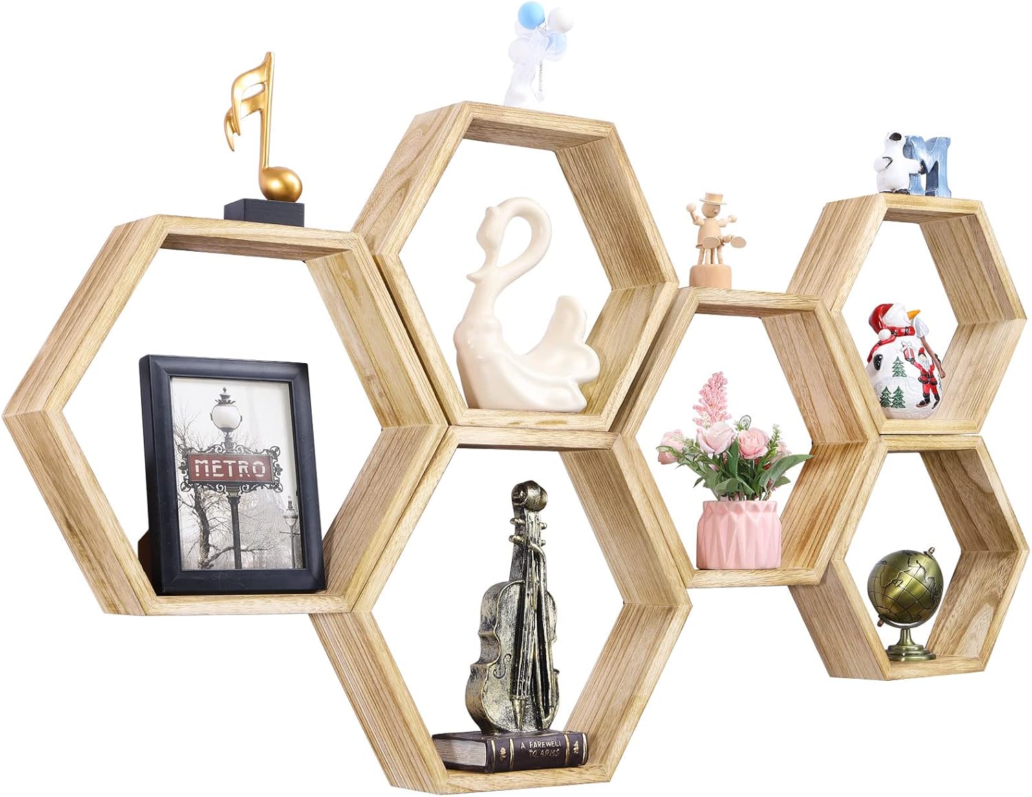 Set of 6 Wooden Hexagon Floating Shelves for Home Decor