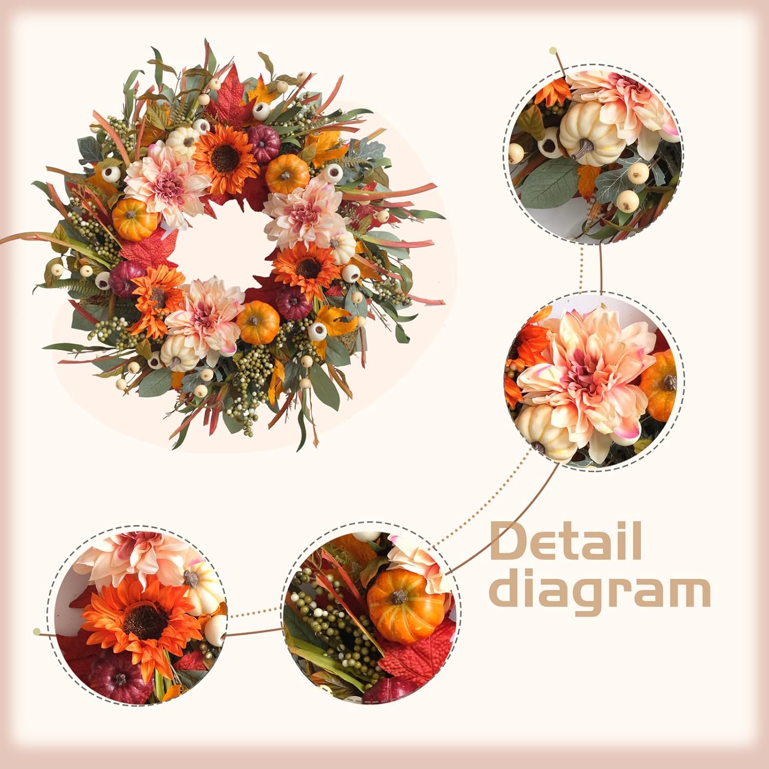 24 Inch Autumn Wreath with Sunflowers and Pumpkins