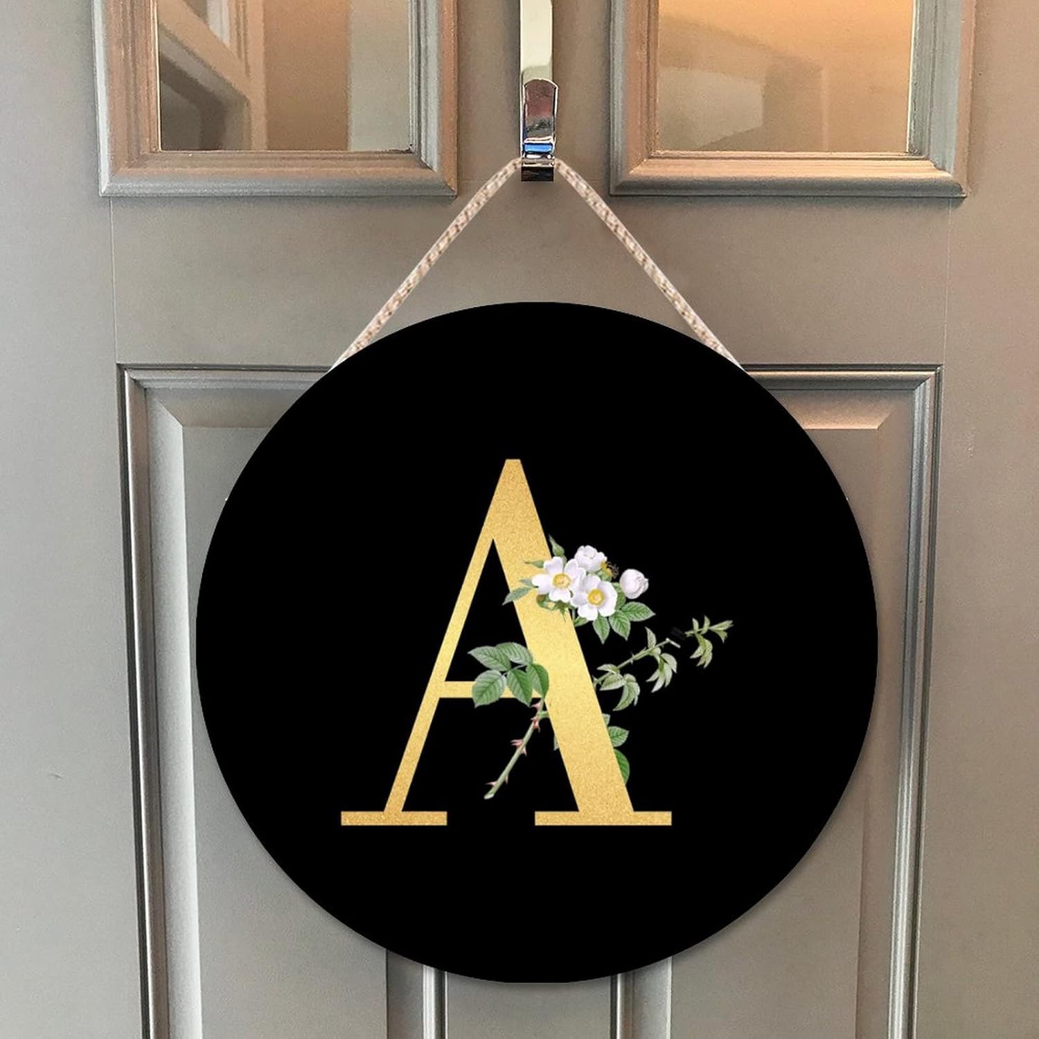 Farmhouse Door Hanger with Floral Greenery and Golden Initial A Wood Sign