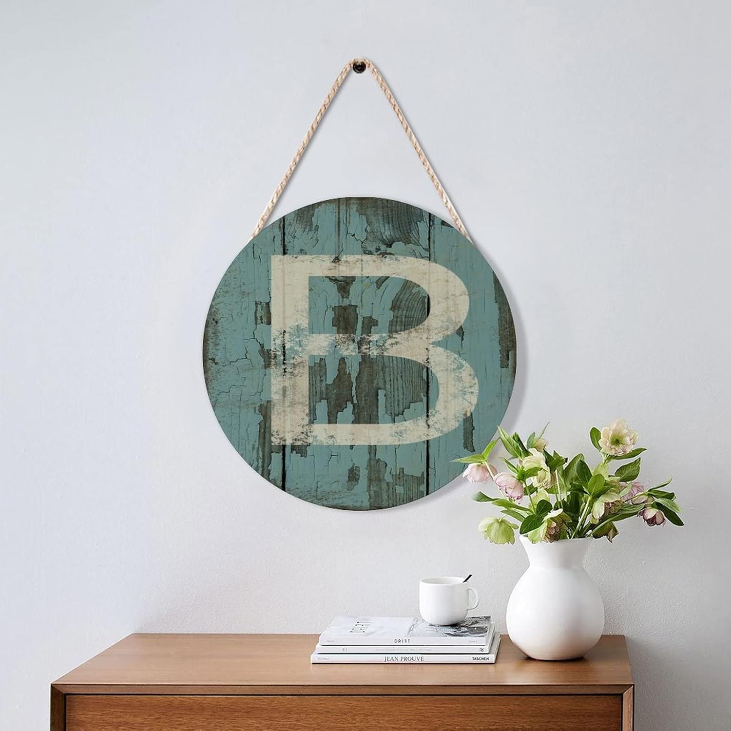 Farmhouse Front Door Hanger Vintage Shabby Chic Wood Sign Custom Initial Round Wreath Door Decor