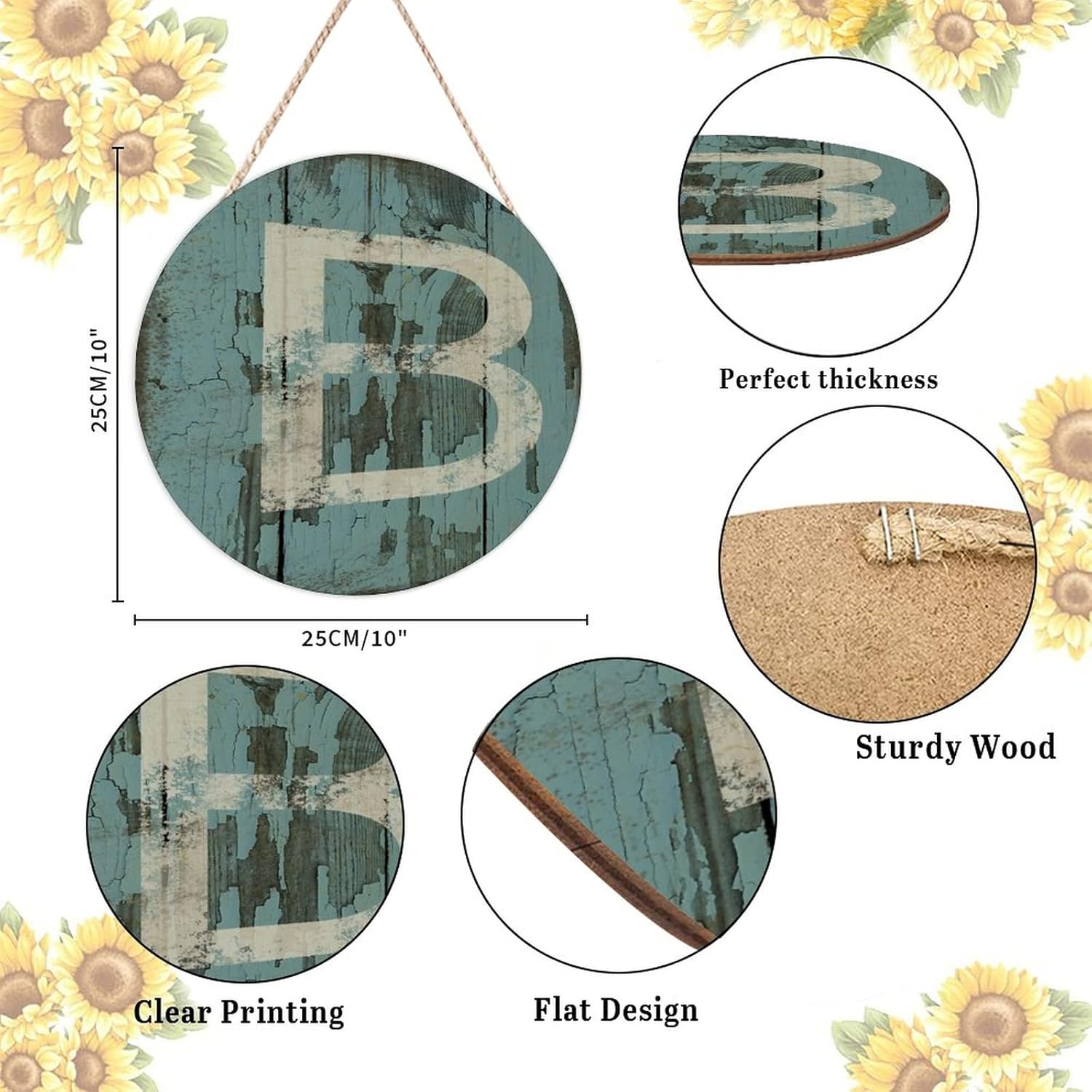 Farmhouse Front Door Hanger Vintage Shabby Chic Wood Sign Custom Initial Round Wreath Door Decor