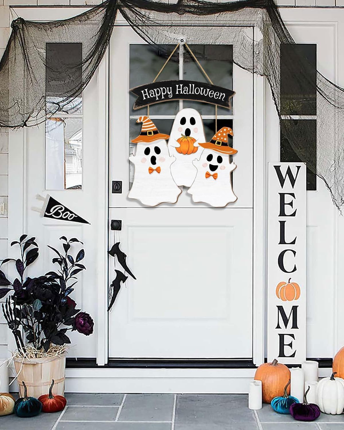 Wooden Halloween Wreath - Ghost Door Decor Hanging Sign for Home Wall Decor Party Supplies