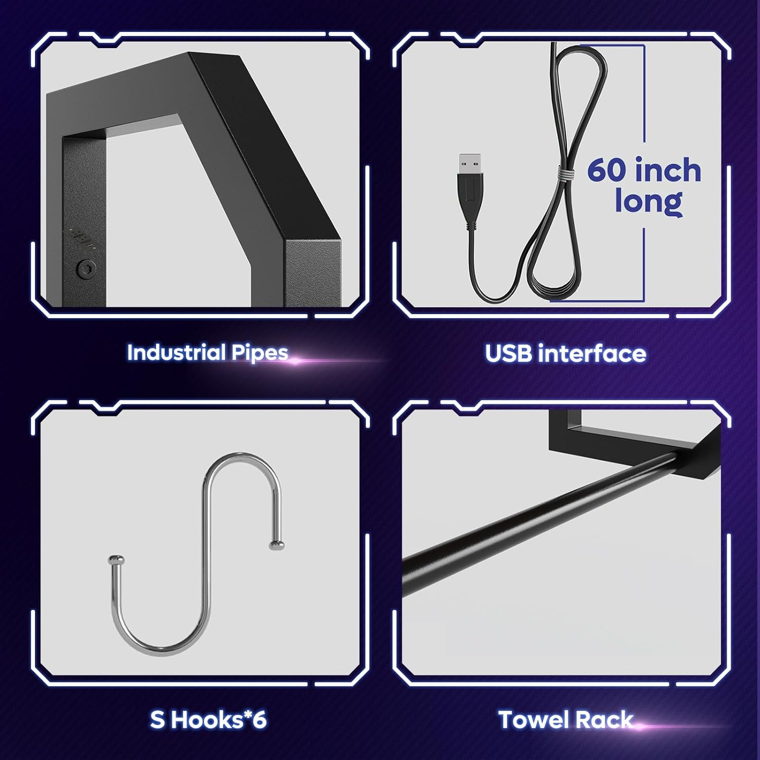 Bestier LED Gaming Floating Shelf with 6 S-Hooks Black Carbon Fiber