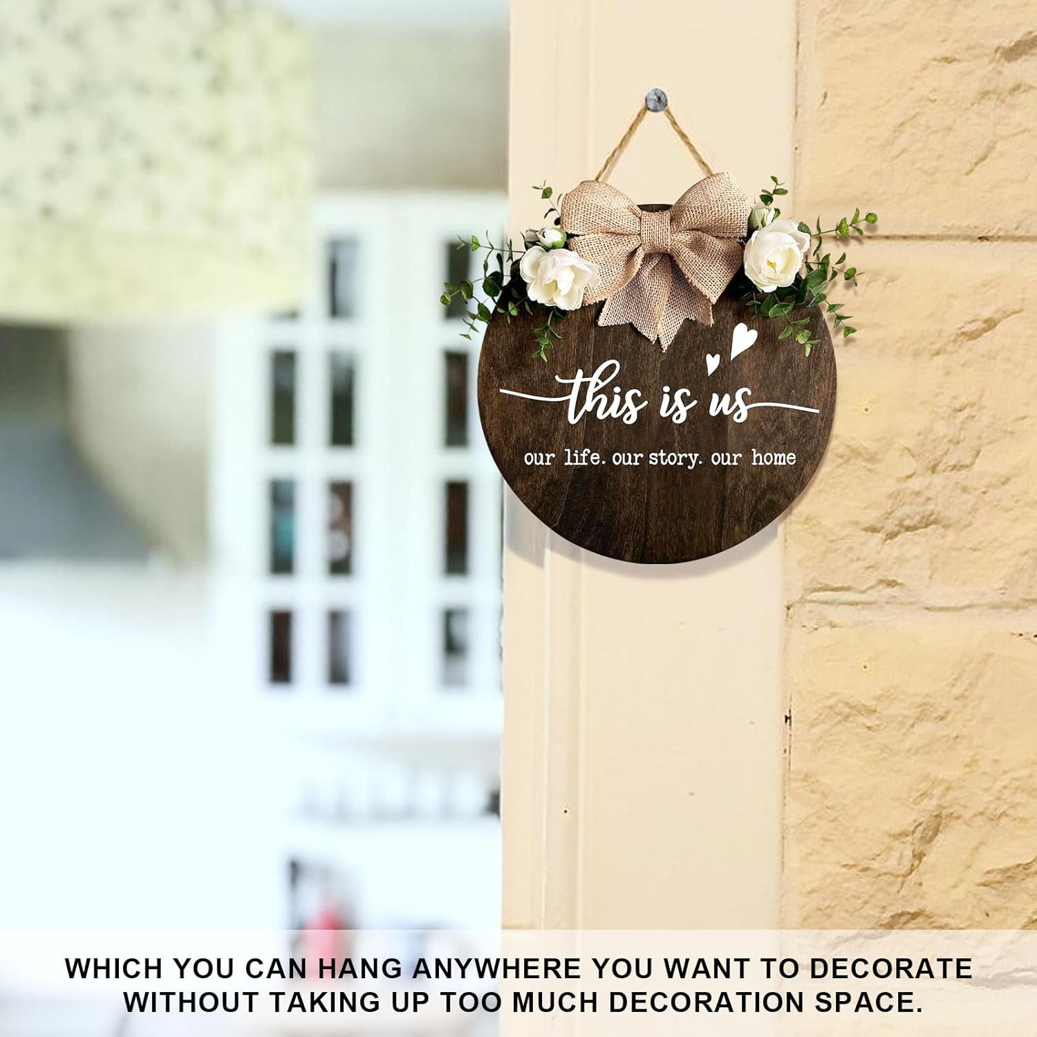 This is Us Welcome Sign Rustic Round Wood Door Decor with Ribbon Bow and Artificial Greenery