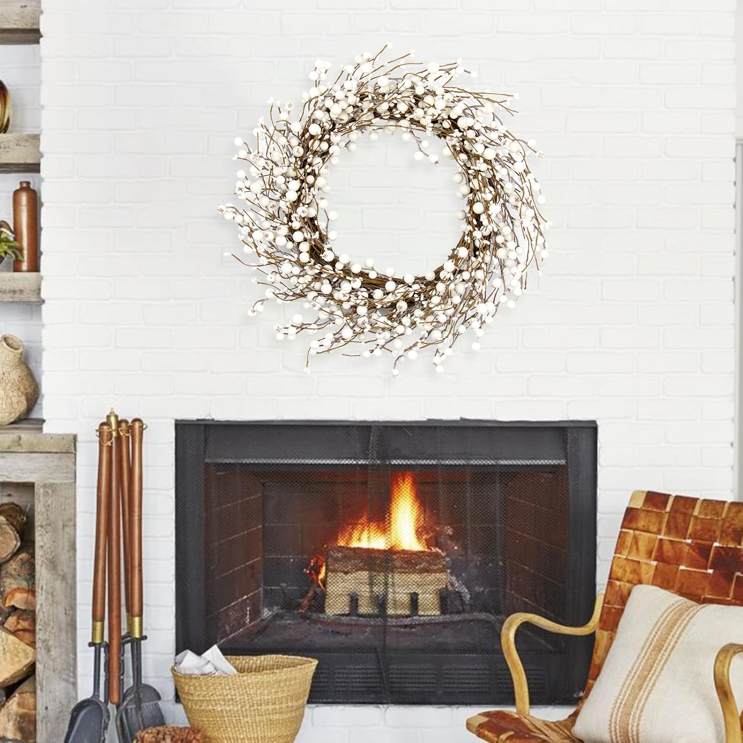 White Berry Wreath 20 Inch Winter Door Decor