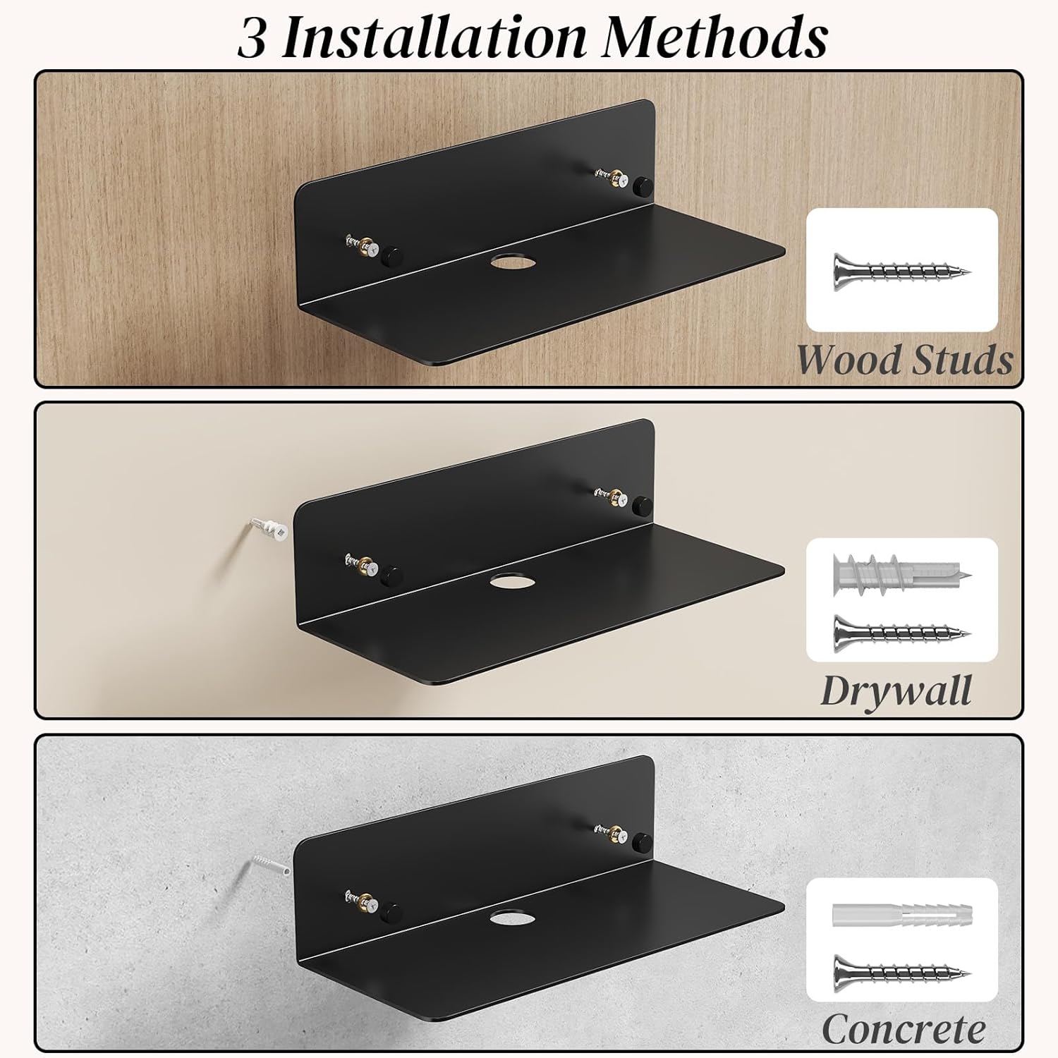DrDJ Floating Shelves Set of 2 Black 9 Inch Metal Wall Mounted