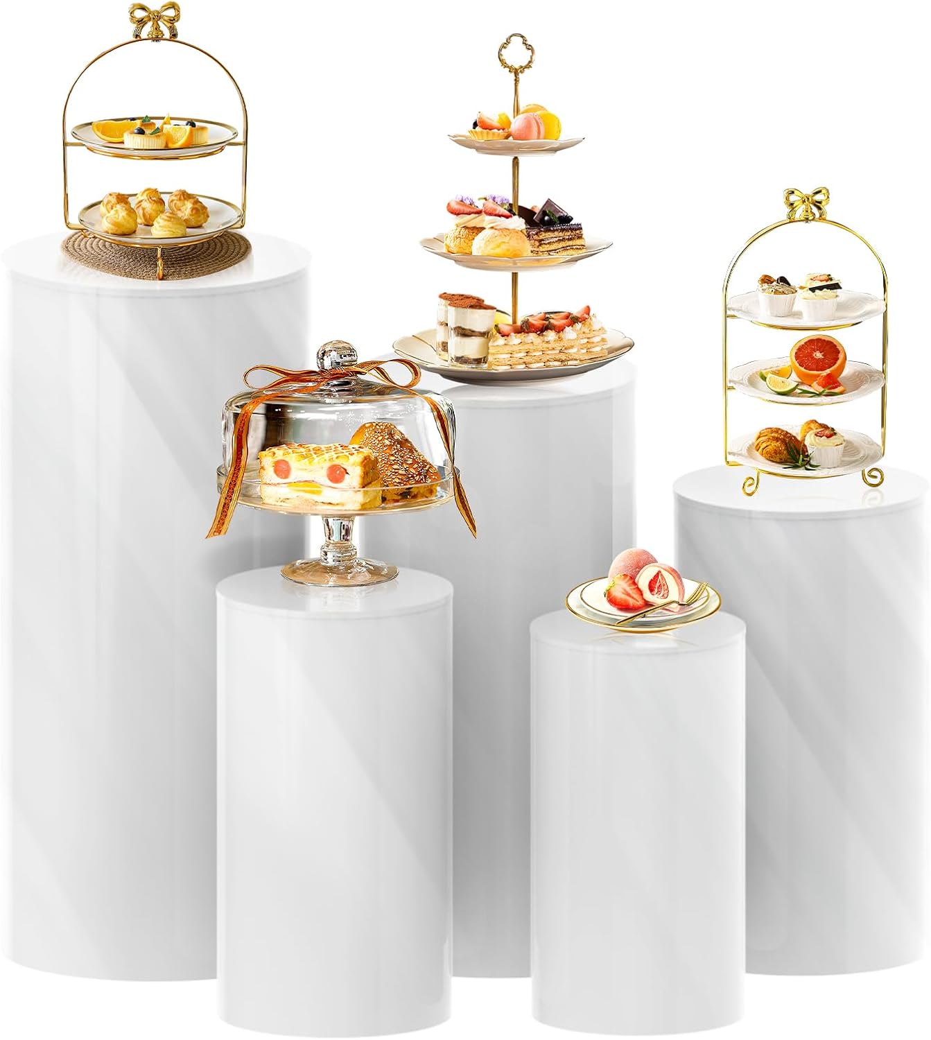White Cylinder Pedestal Stands 5Pcs for Parties