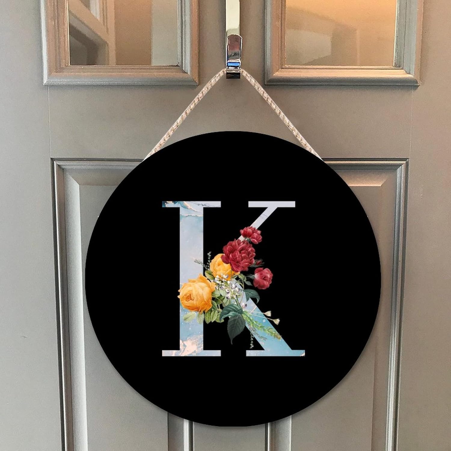 Farmhouse Front Door Hanger Flower Bouquet Custom Initial Letter K Wood Sign 10x10in