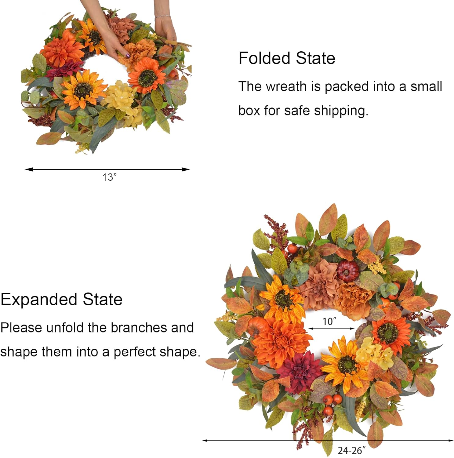 24-26 Inch Fall Wreath with Orange Artificial Pumpkin for Autumn Front Door Decor