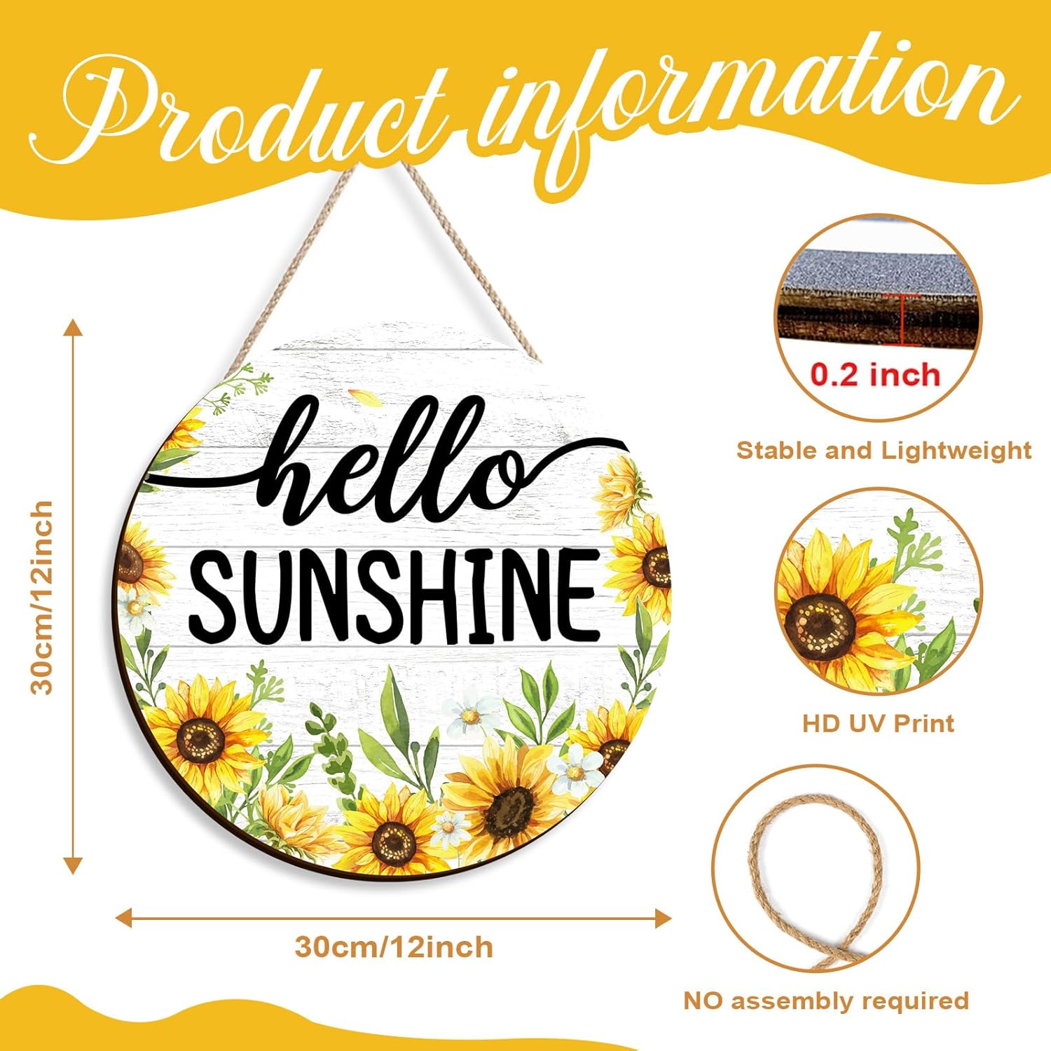 Artinme Summer Decor Wreath 12x12 Inch Hello Sunshine