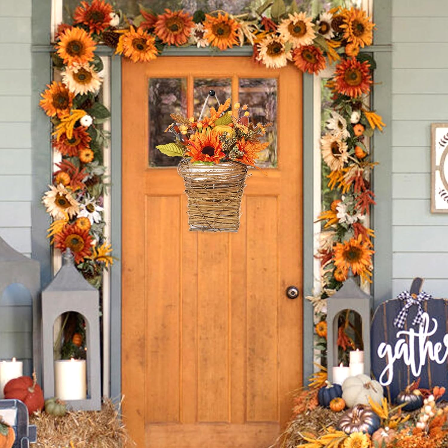 Thanksgiving Door Wreath with Sunflowers Pumpkins and Berries