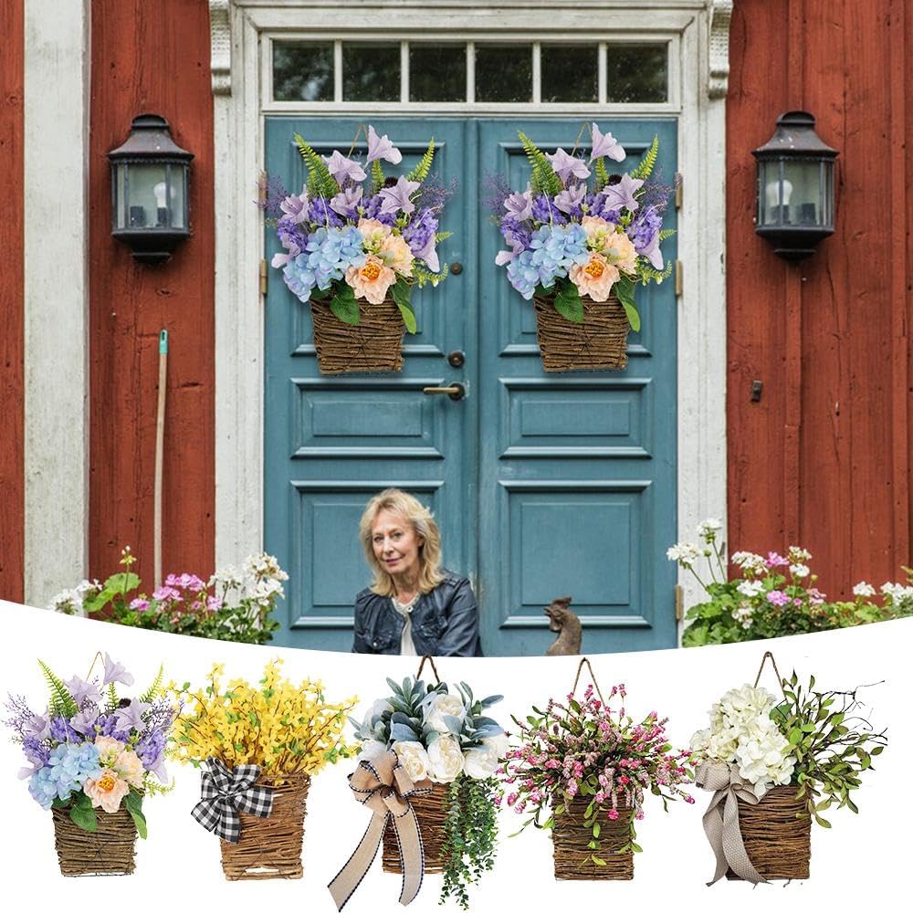 Hydrangea Door Wreath with Artificial Flowers and Rattan Basket 1