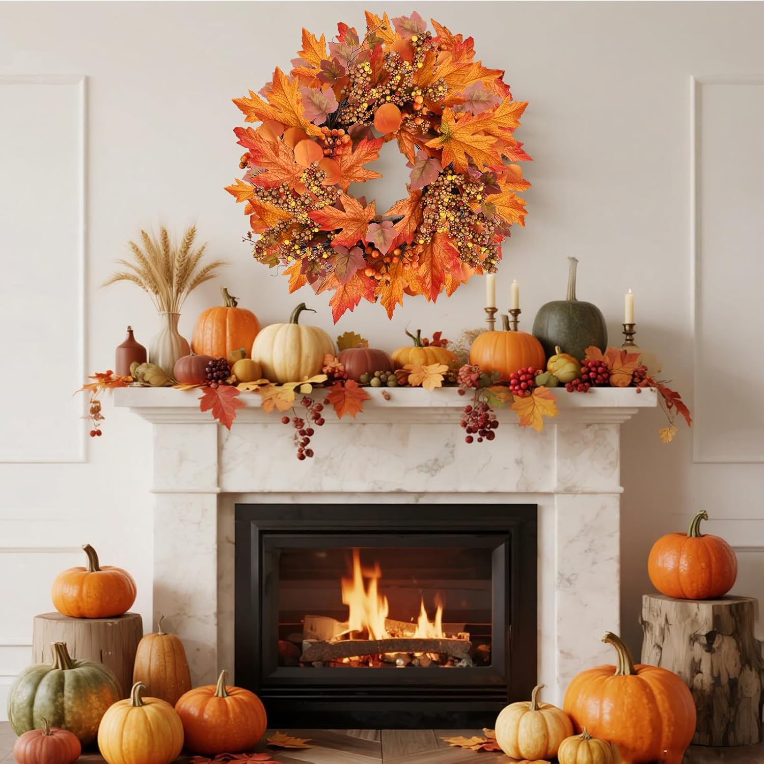 Artificial Fall Wreath for Front Door 19 Inch