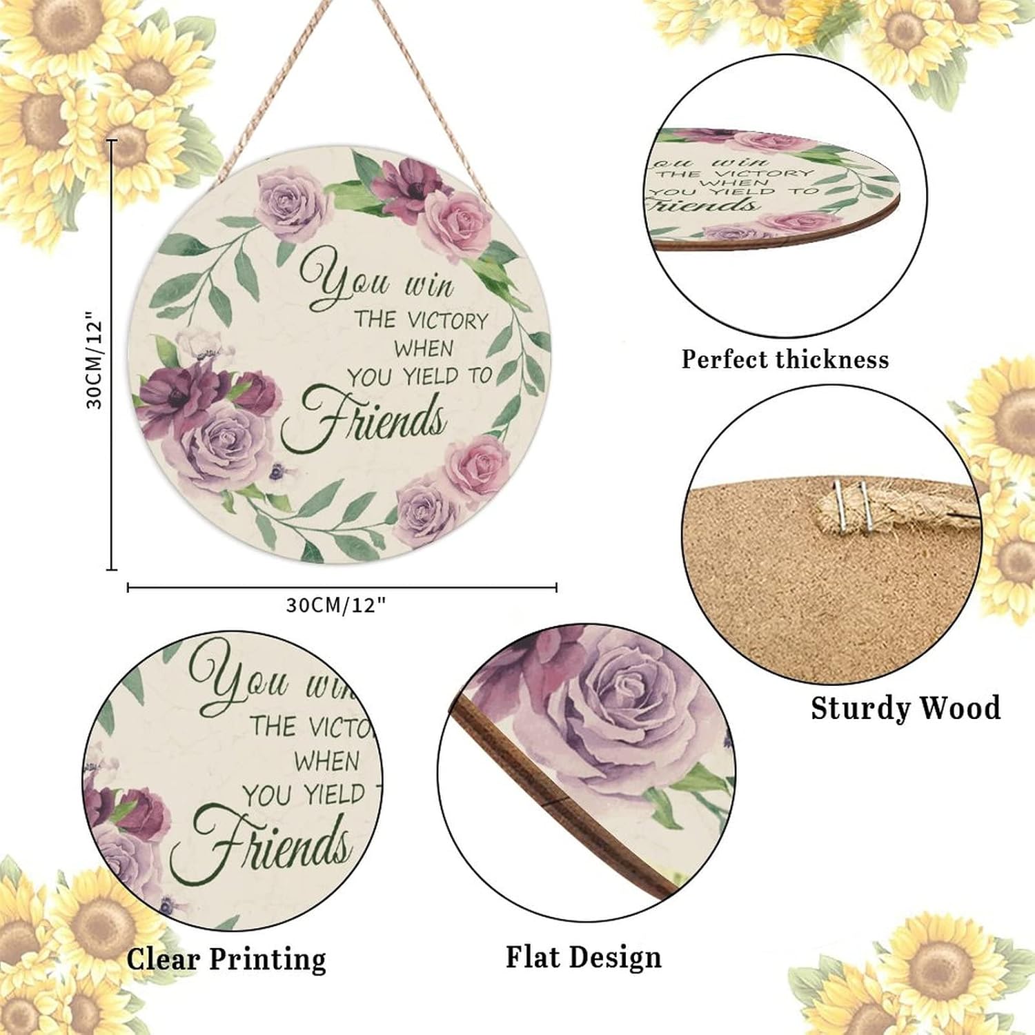 Farmhouse Door Hanger Floral Wreath Vintage Wood Sign Funny Decor for Kids Girls Women 12x12in