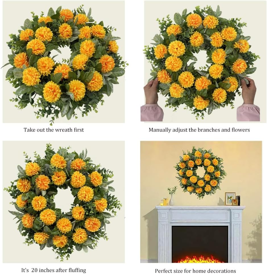 20 Inch Spring Wreath with Orange Flowers and Greenery for Front Door Decor