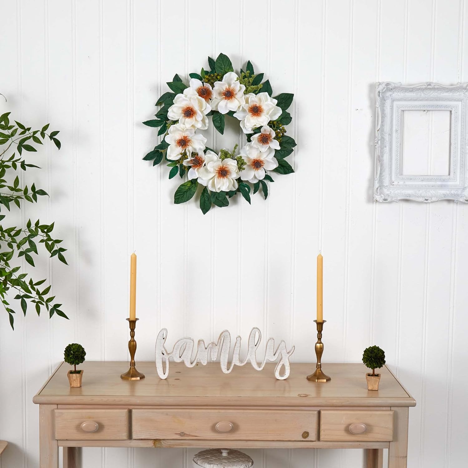 Nearly Natural 22in Magnolia Wreath White