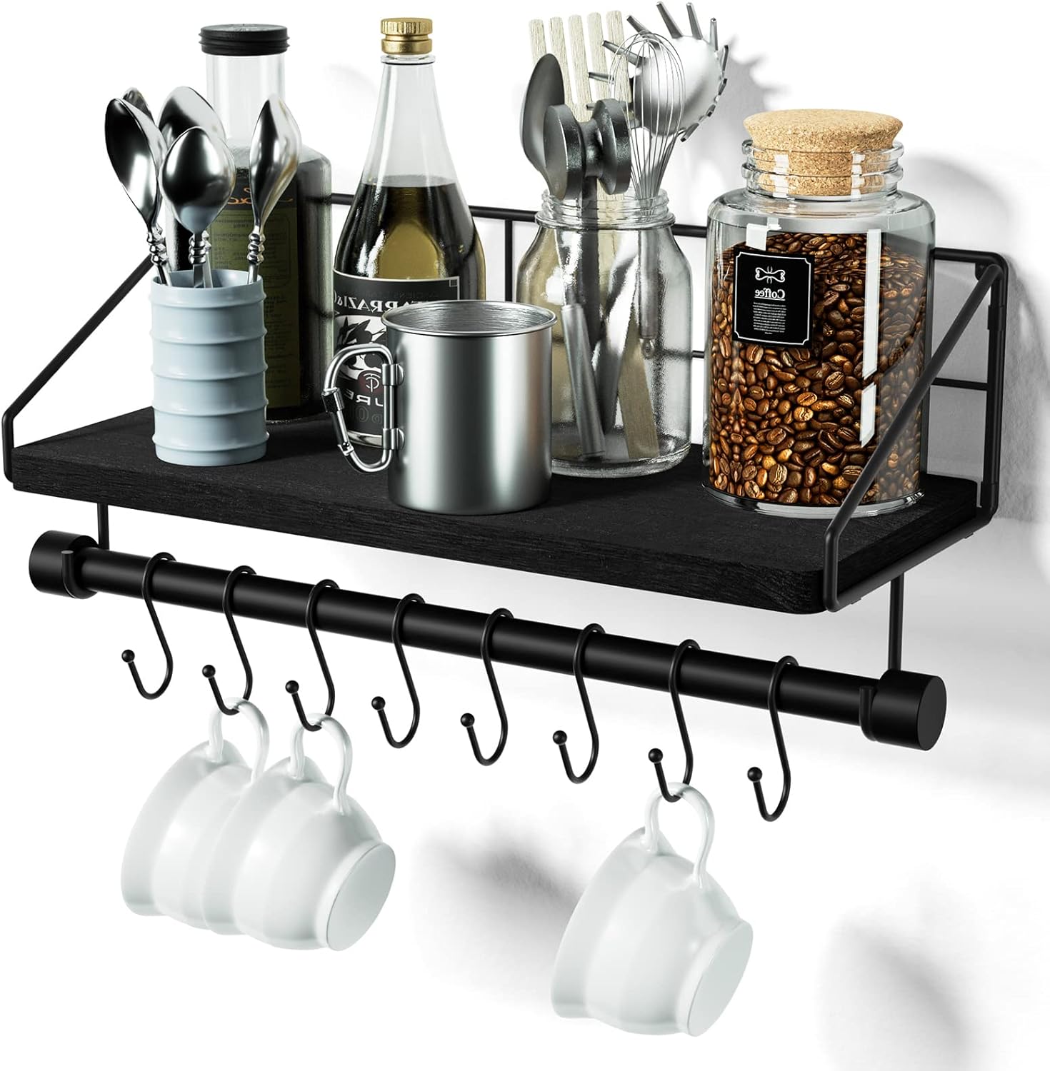 Alsonerbay Floating Wood Shelf with Hooks and Towel Bar