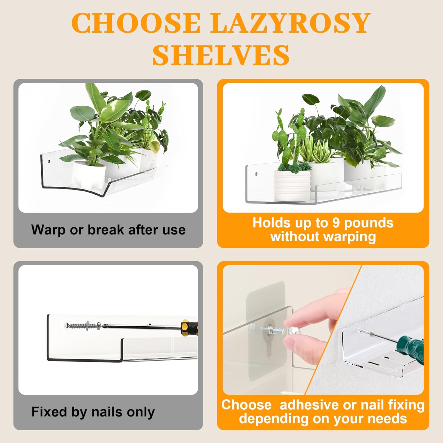 2 Pack Adhesive Floating Shelves for No Drilling Wall Storage