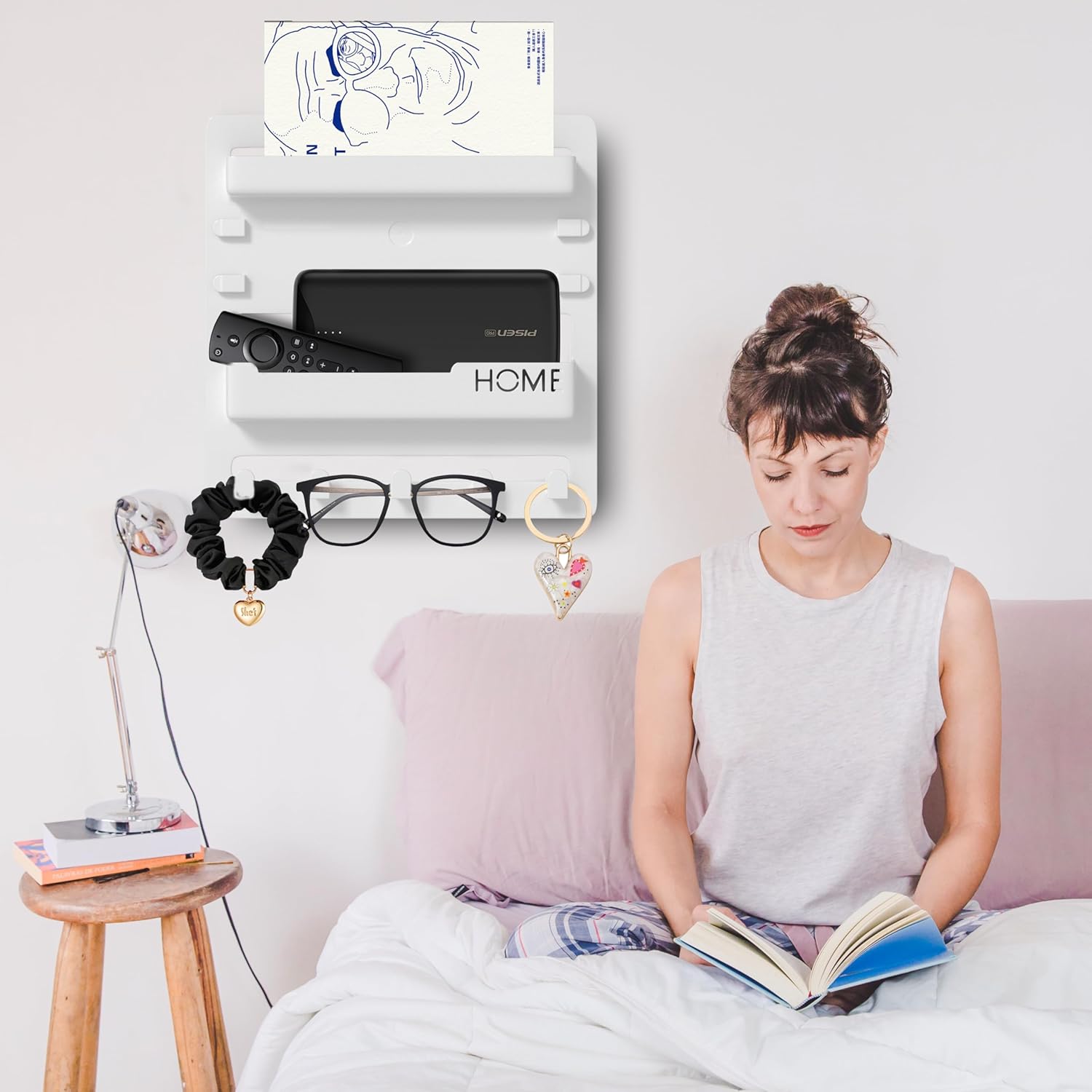 Epritliber Floating Bedside Shelf Organizer - 5 Hooks and Cable Clips - 9x94 Inch - White