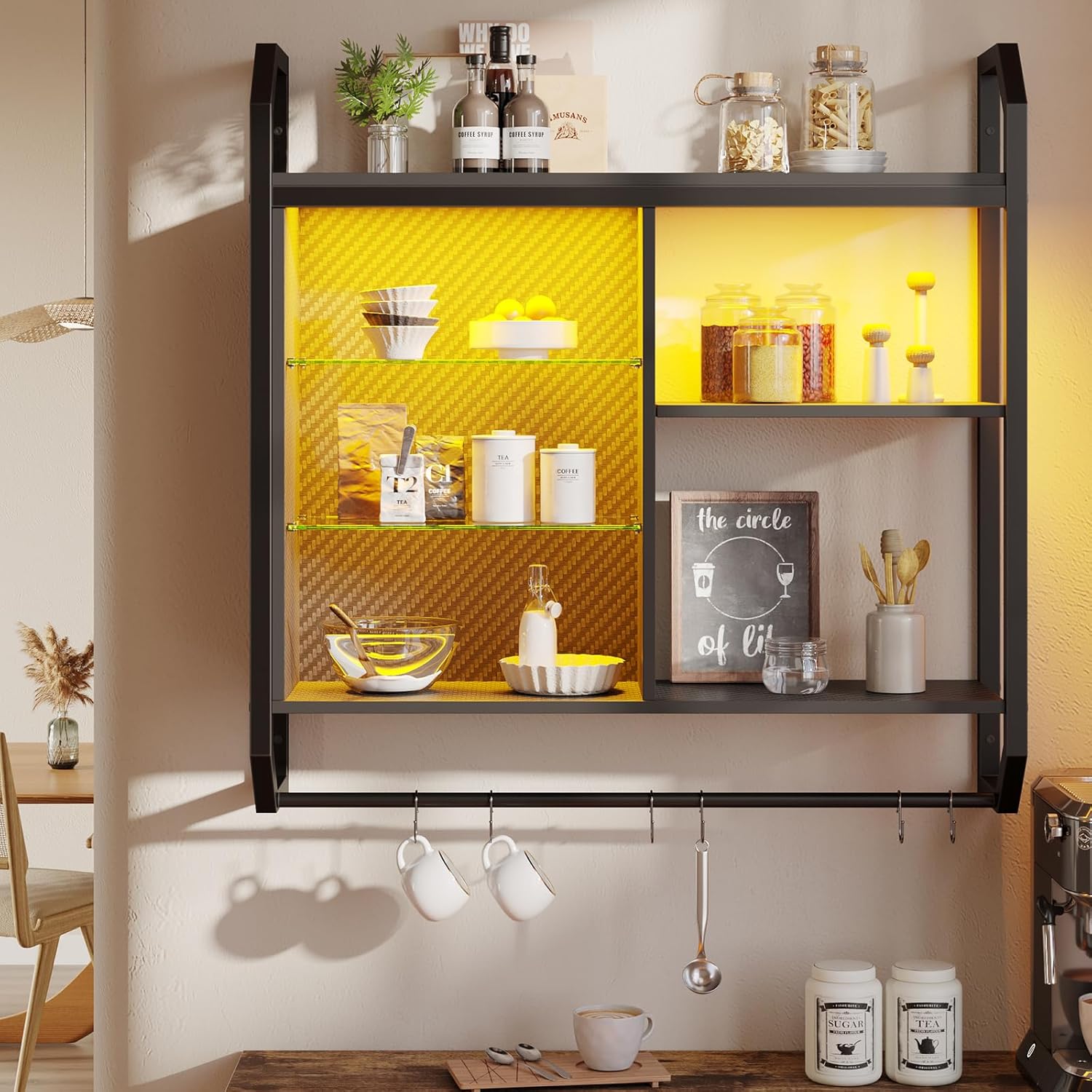 Bestier LED Gaming Floating Shelf with 6 S-Hooks Black Carbon Fiber