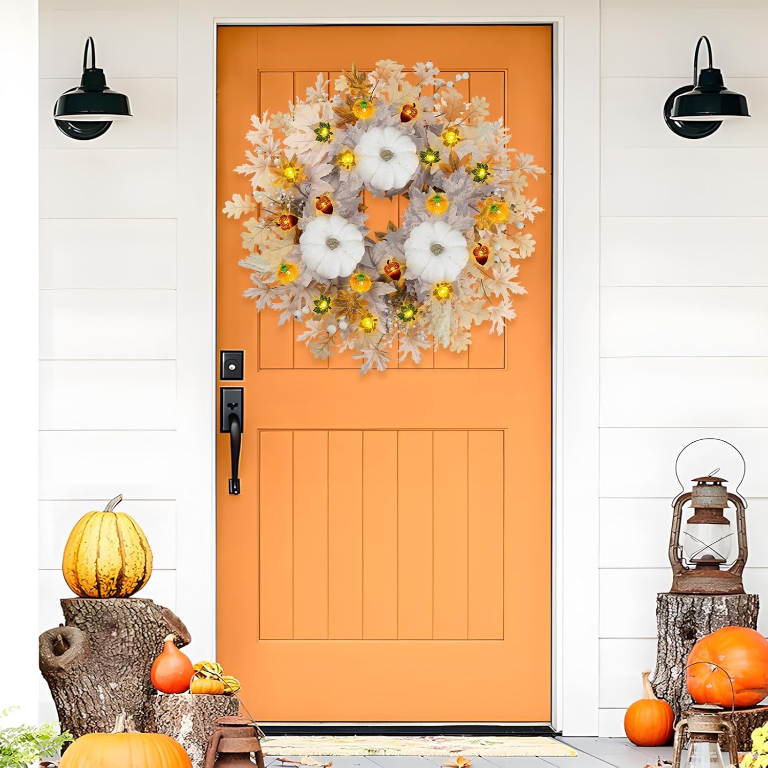 26 Inch Fall Wreath with Lights for Front Door