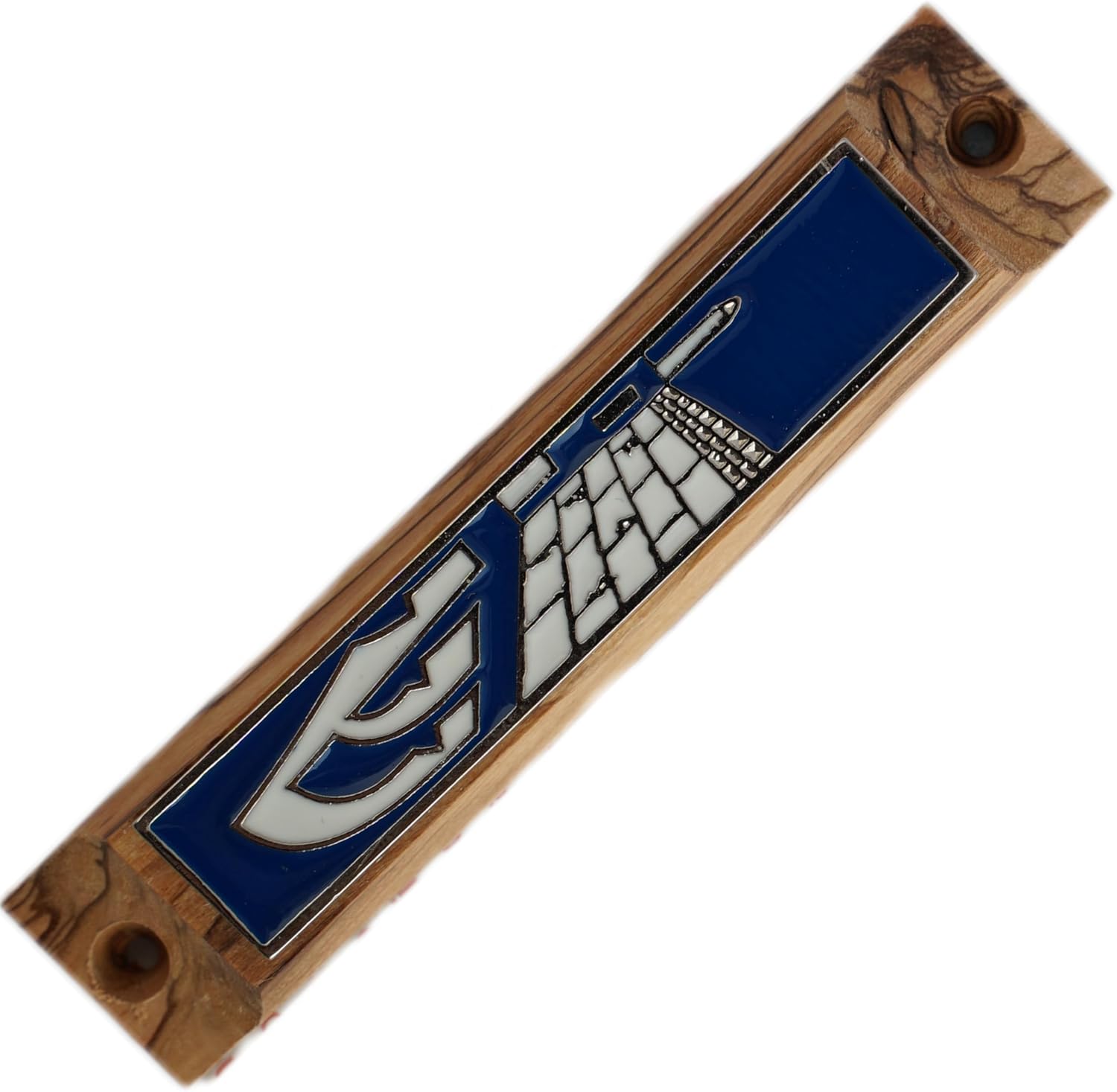 Olive Wood Blue Enamel Door Mezuzah Case with Scroll and Nails