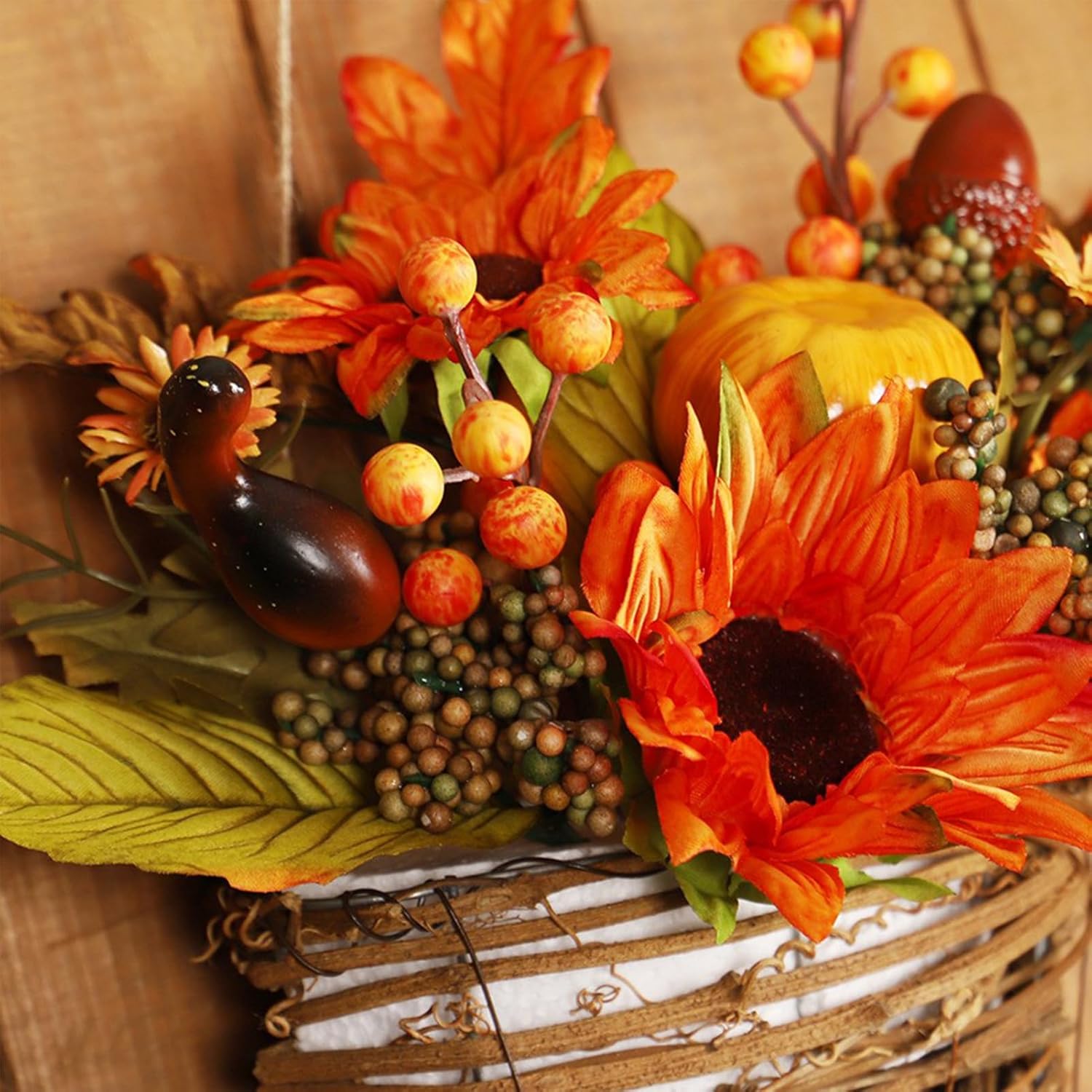 Thanksgiving Door Wreath with Sunflowers Pumpkins and Berries