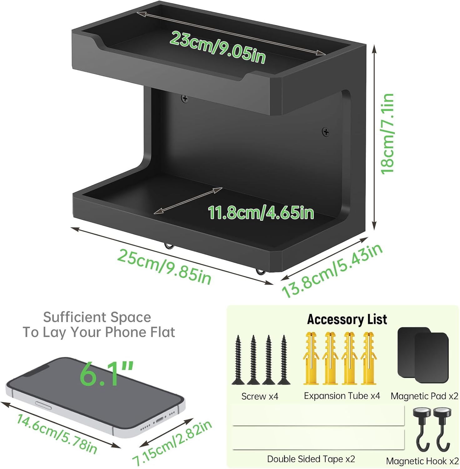 NiHome Large Wall Mounted Wooden Bedside Organizer with Magnetic Hooks - Black