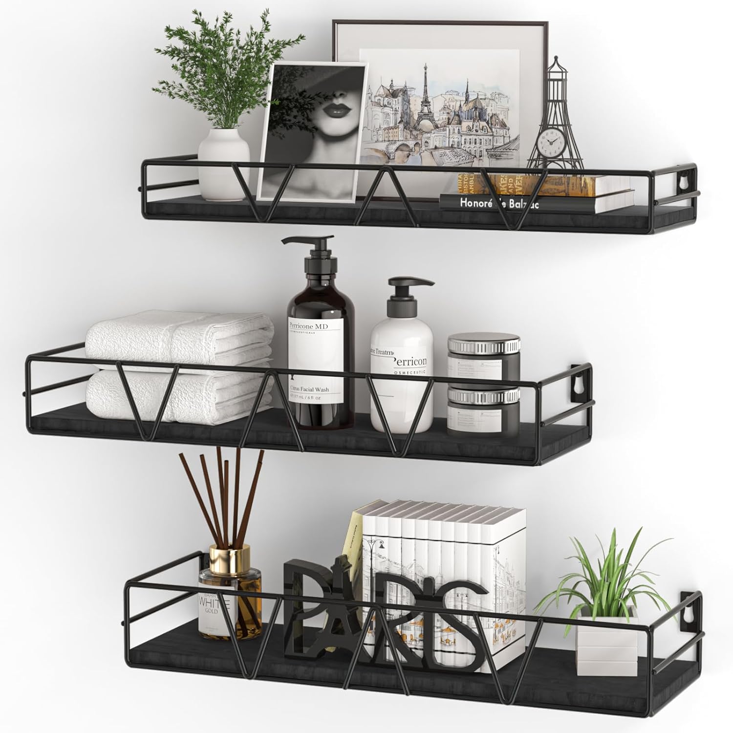 Set of 3 Floating Shelves Black Modern Wall Mount