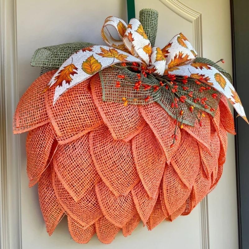 Autumn Burlap Pumpkin Wreath - Farmhouse Fall Decor with Berry Accents