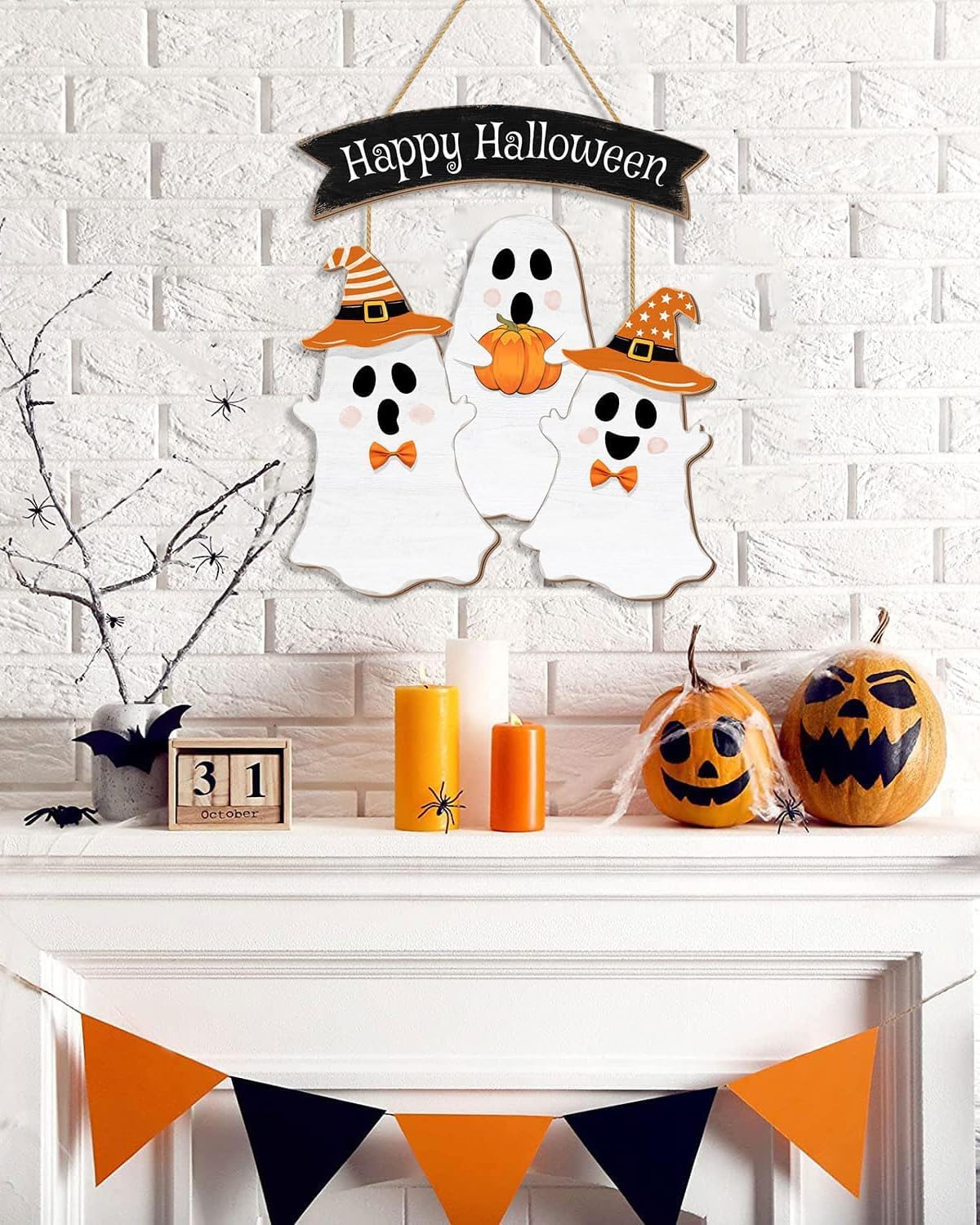 Wooden Halloween Wreath - Ghost Door Decor Hanging Sign for Home Wall Decor Party Supplies