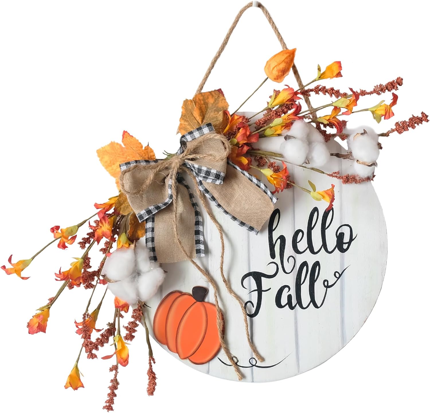 Fall Wreath Wooden Hanging Sign with Burlap Bow and Maple Leaves