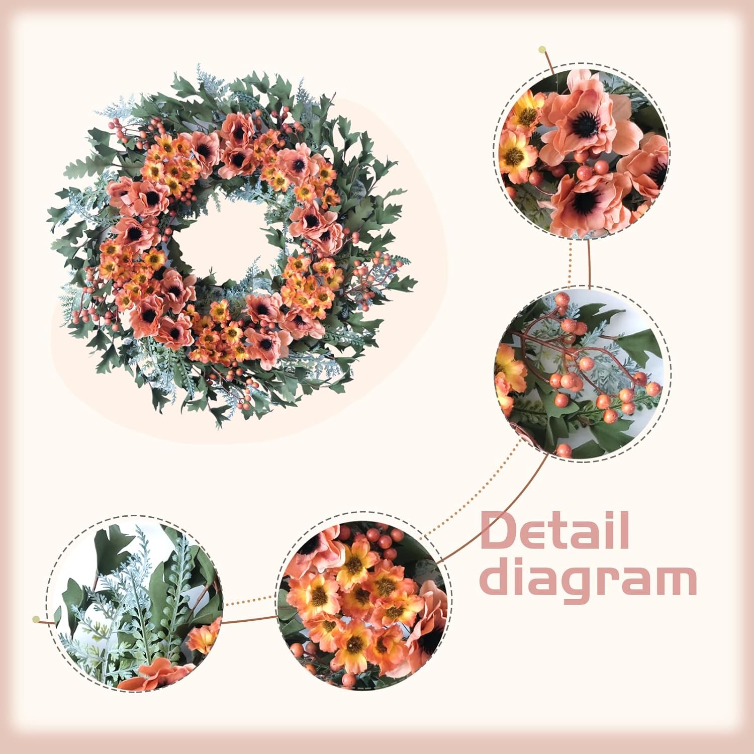 20 Inch Artificial Autumn Wreath for Front Door Fall Decor