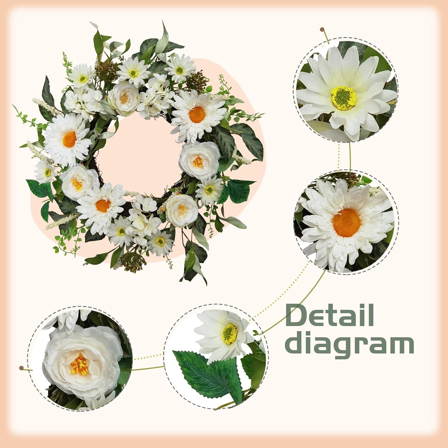 18 Inch Spring Summer Artificial Flower Wreath for Front Door