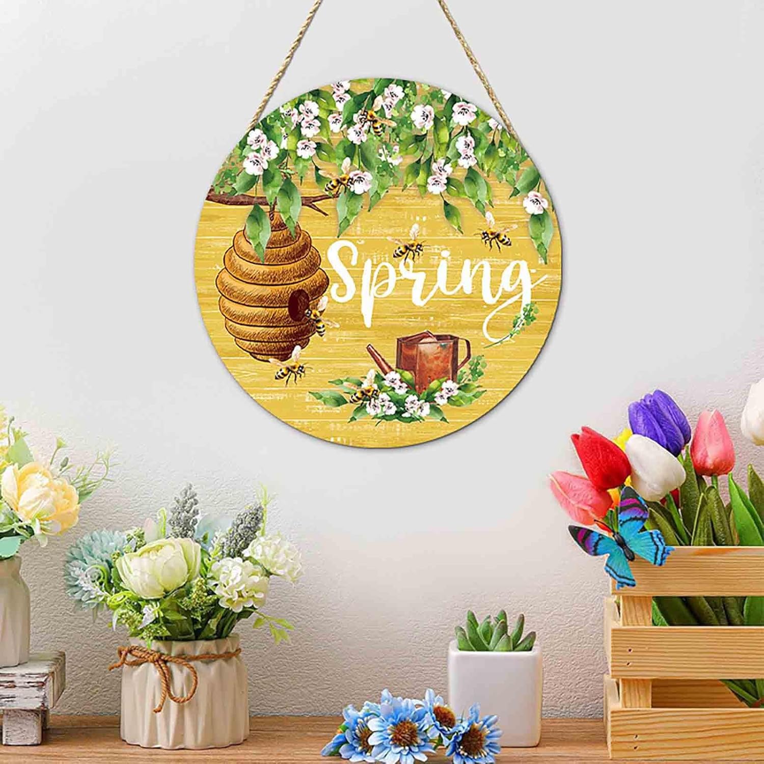 Spring Door Sign 114 Inch Round Wooden Decorative Wreath with Bees Nectar Scene Farmhouse Porch Decor