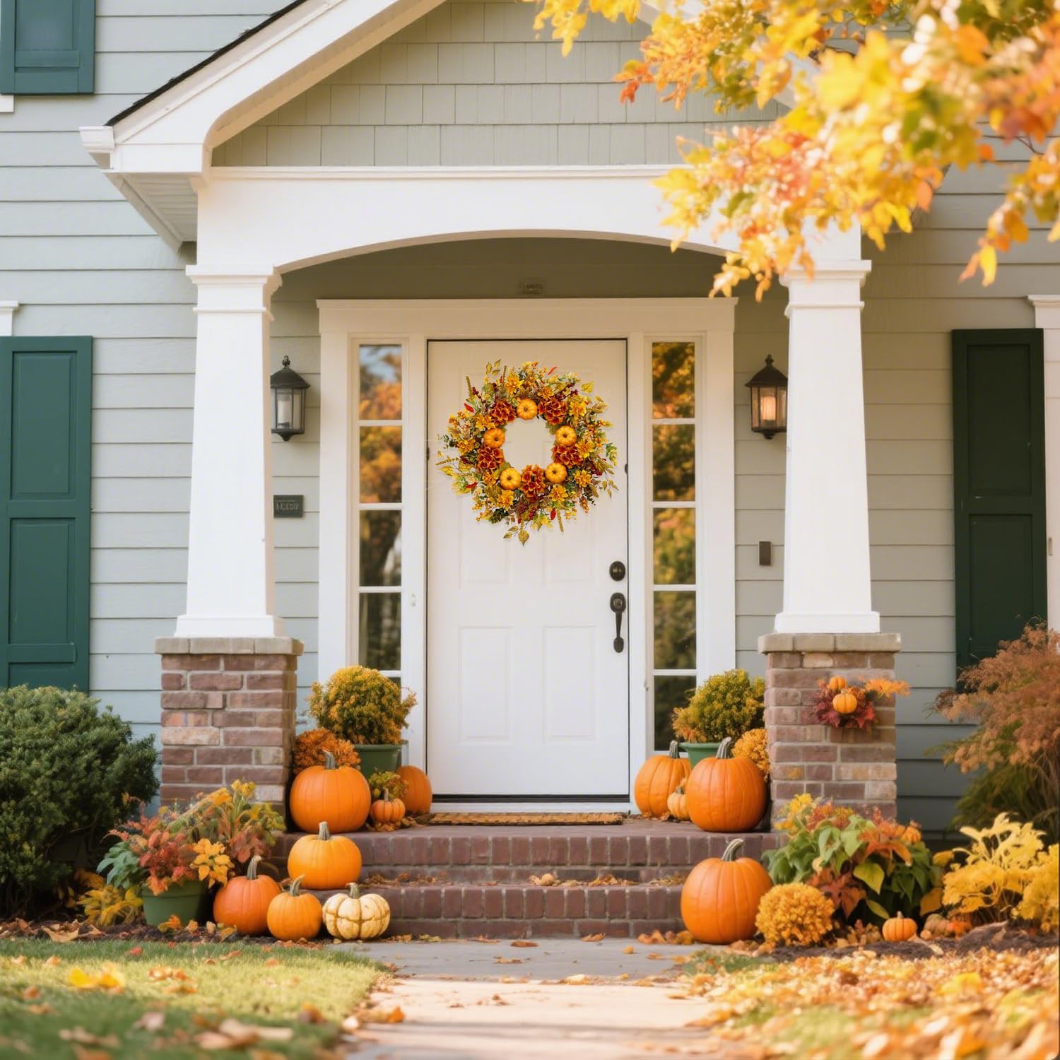 24 Inch Fall Door Wreath with Pumpkins and Hydrangeas