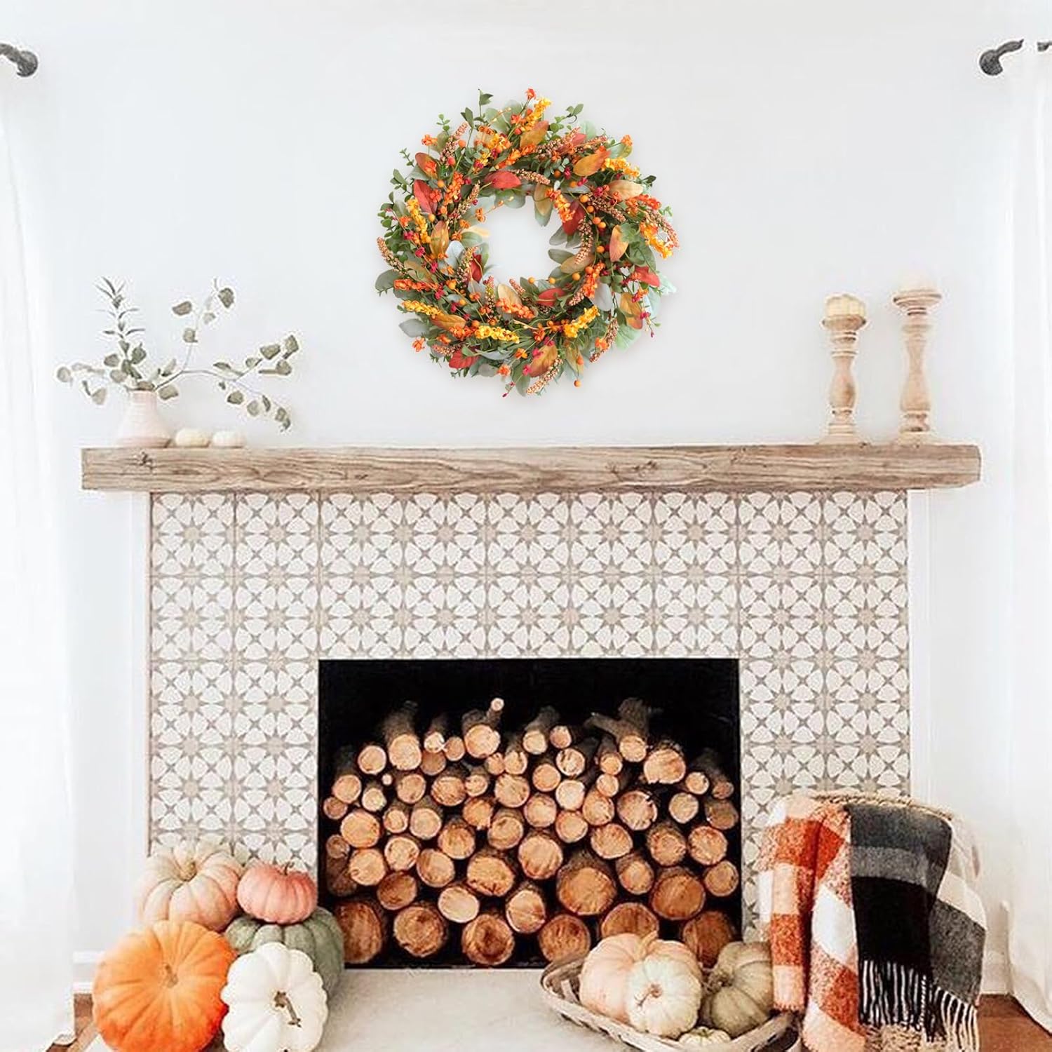 TEMPUS 22 Inch Artificial Fall Wreath for Front Door