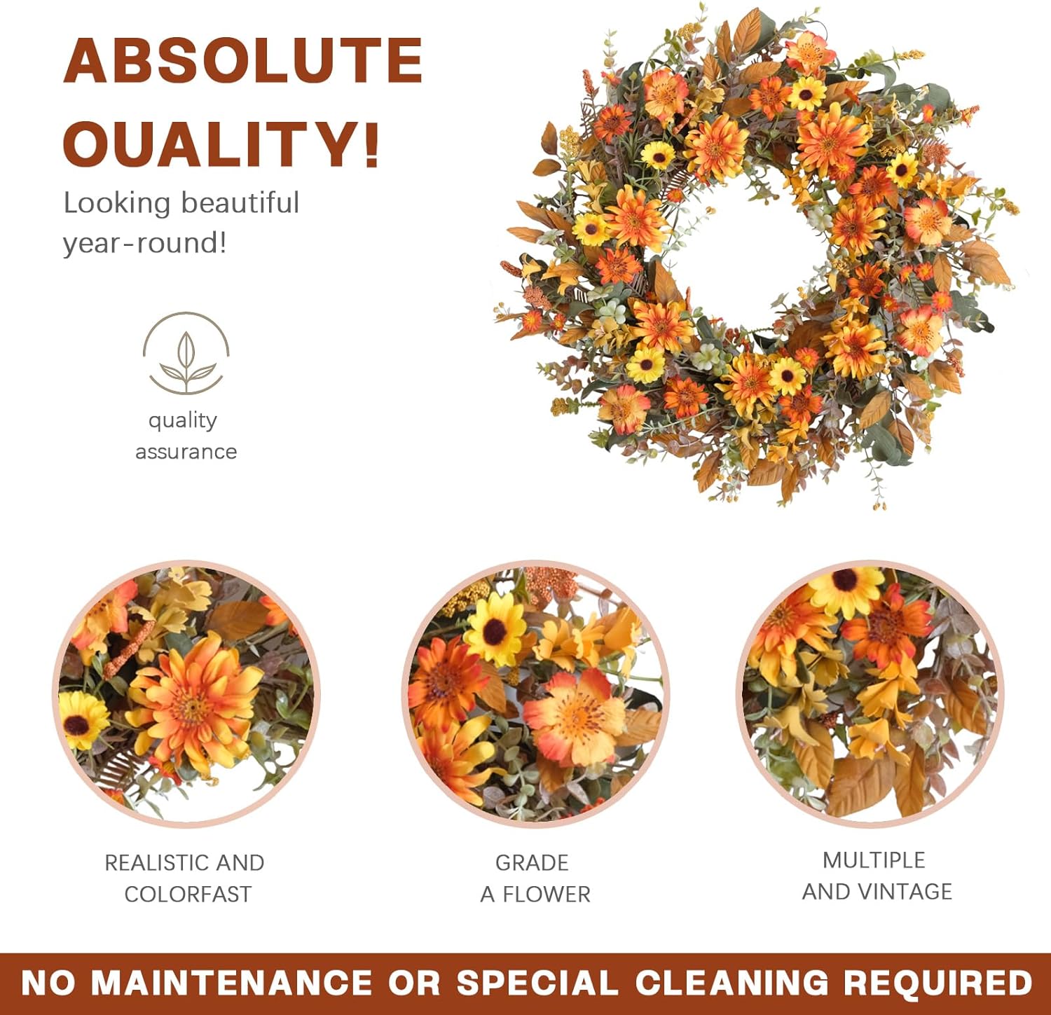 TEMPUS 22 Inch Fall Wreath with Yellow Daisies and Green Leaves - Artificial Wreath for Front Door Thanksgiving Decor