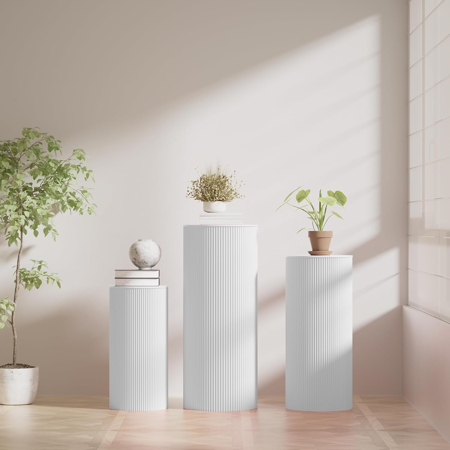 3Pcs White Cylinder Pedestal Stands for Party
