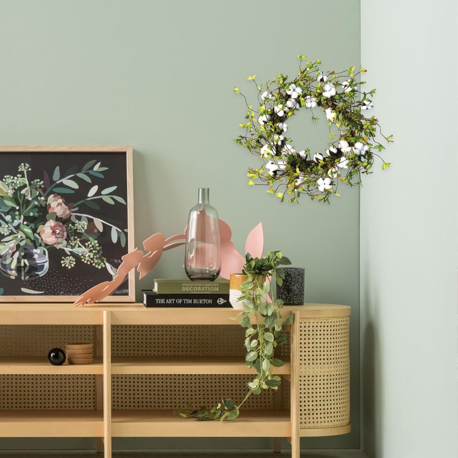 Idyllic Green Leaves and Cotton Wreath for Front Door