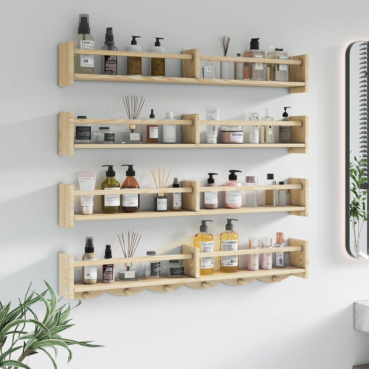34 Inch Floating Bookshelf with 6 Hooks and Storage