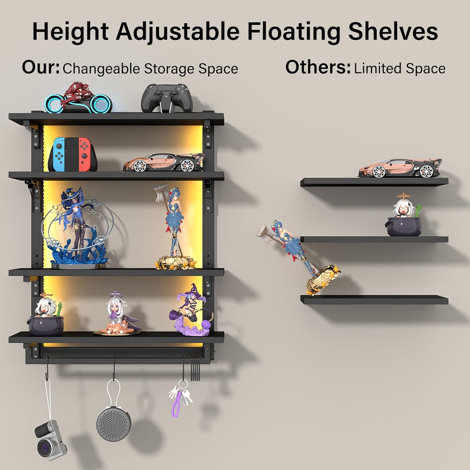 Spacesea Foldable Gaming Floating Shelf with LED Light and Hooks