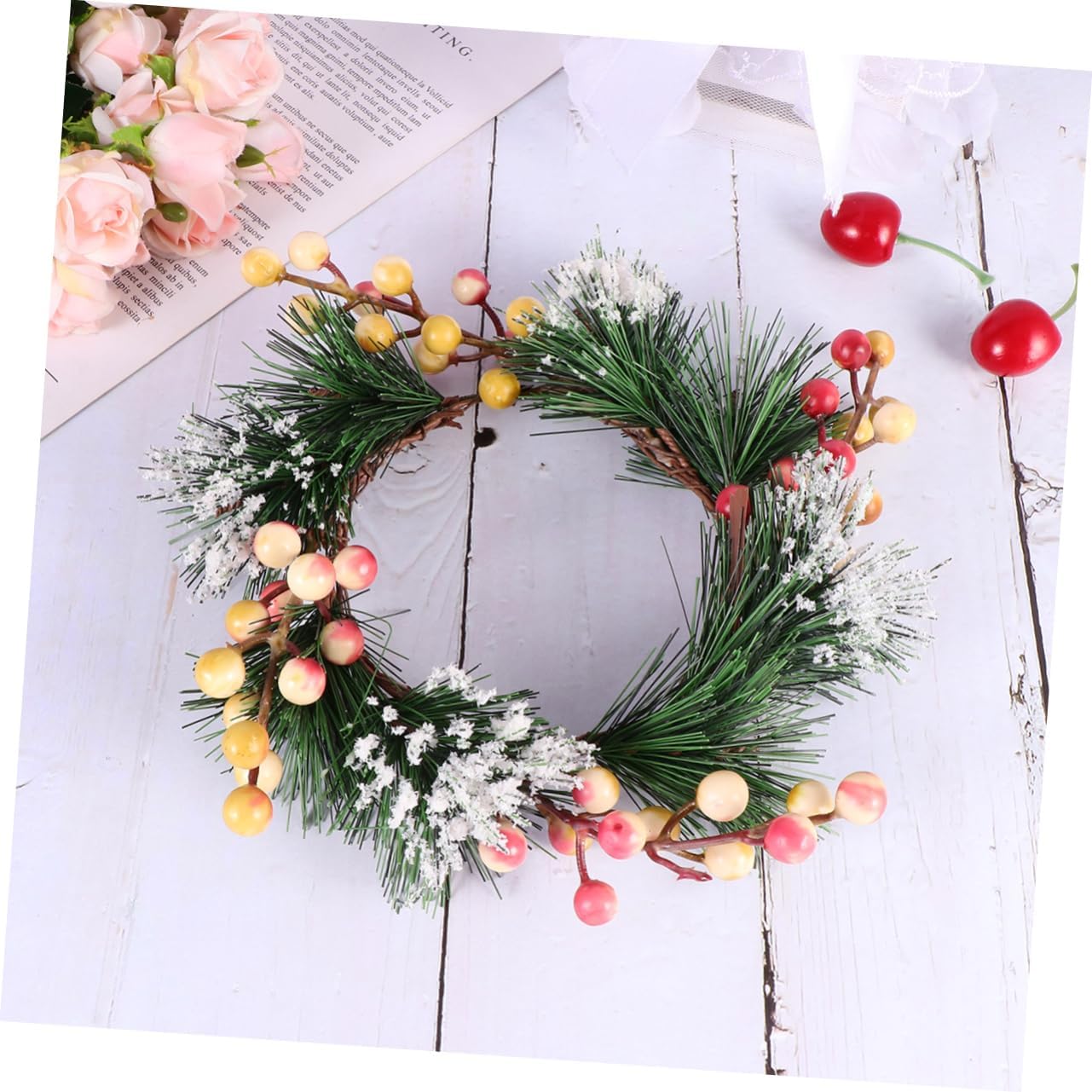LIFKOME Simulated Berry Pink Flower Wall Decor Wreath Front Door Hanger