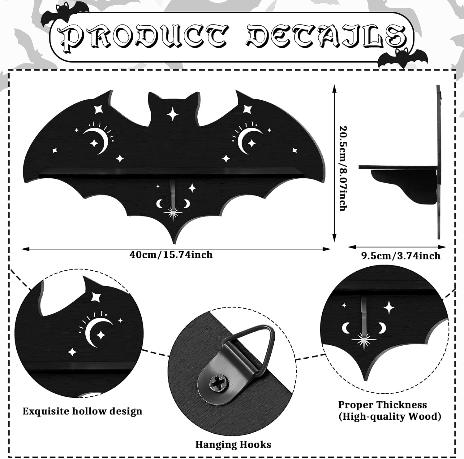 Geetery 3 Pcs Floating Black Bat Shelf Gothic Decor