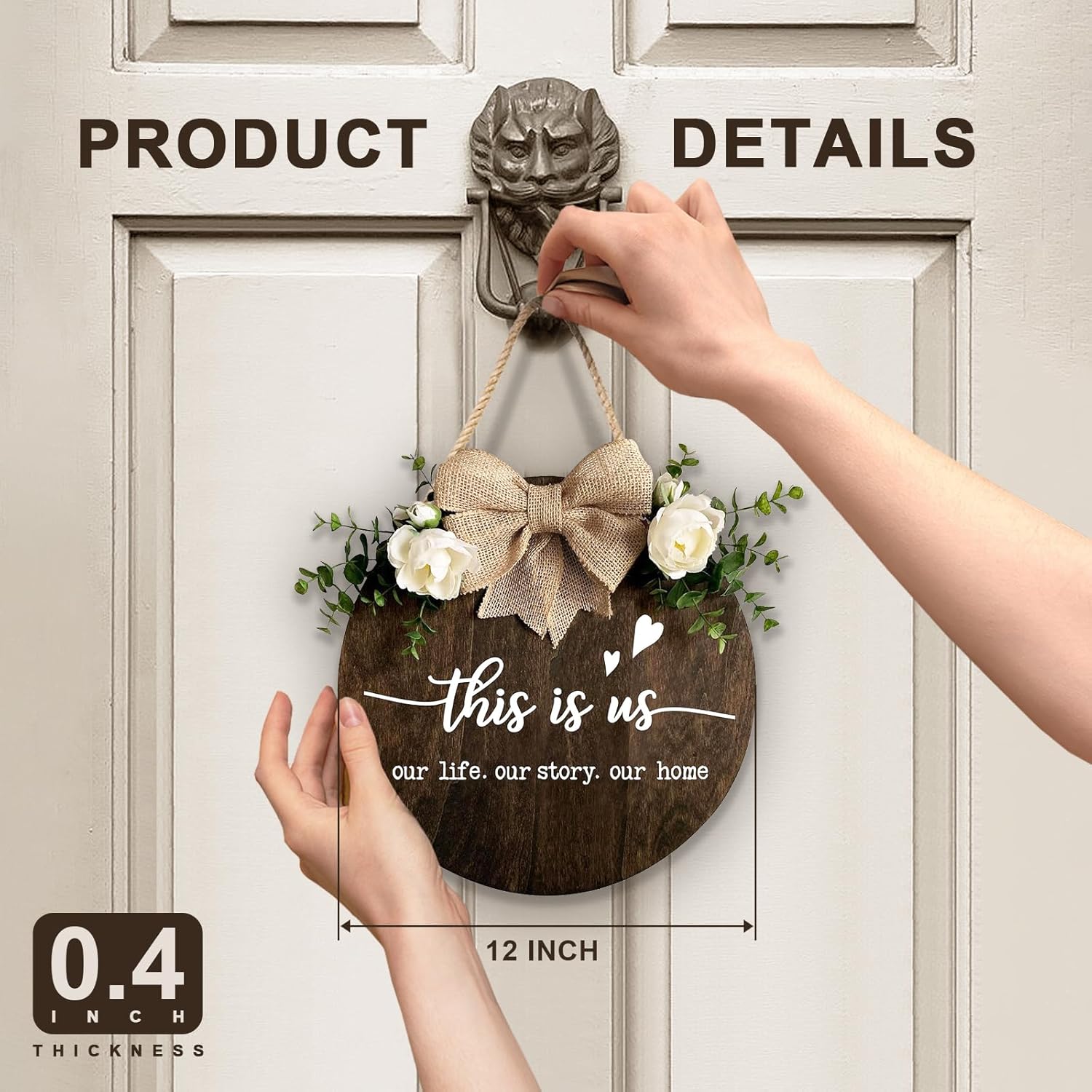 This is Us Welcome Sign Rustic Round Wood Door Decor with Ribbon Bow and Artificial Greenery