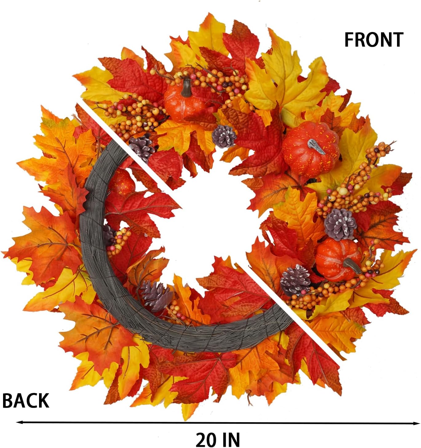 DiliComing Fall Wreath Front Door Decor - 20 Inch