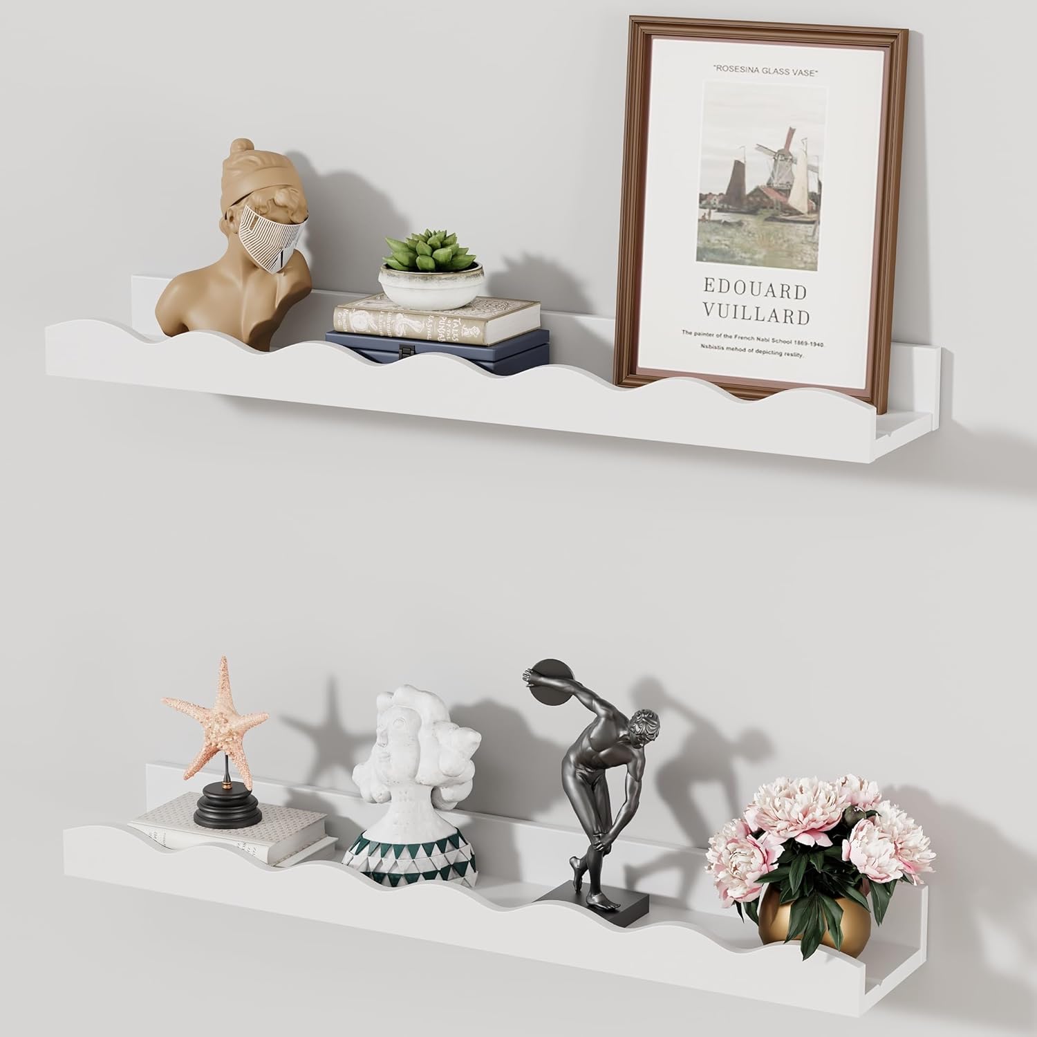 Senjie Floating Shelves Set of 2 24 Inch White Wave Design