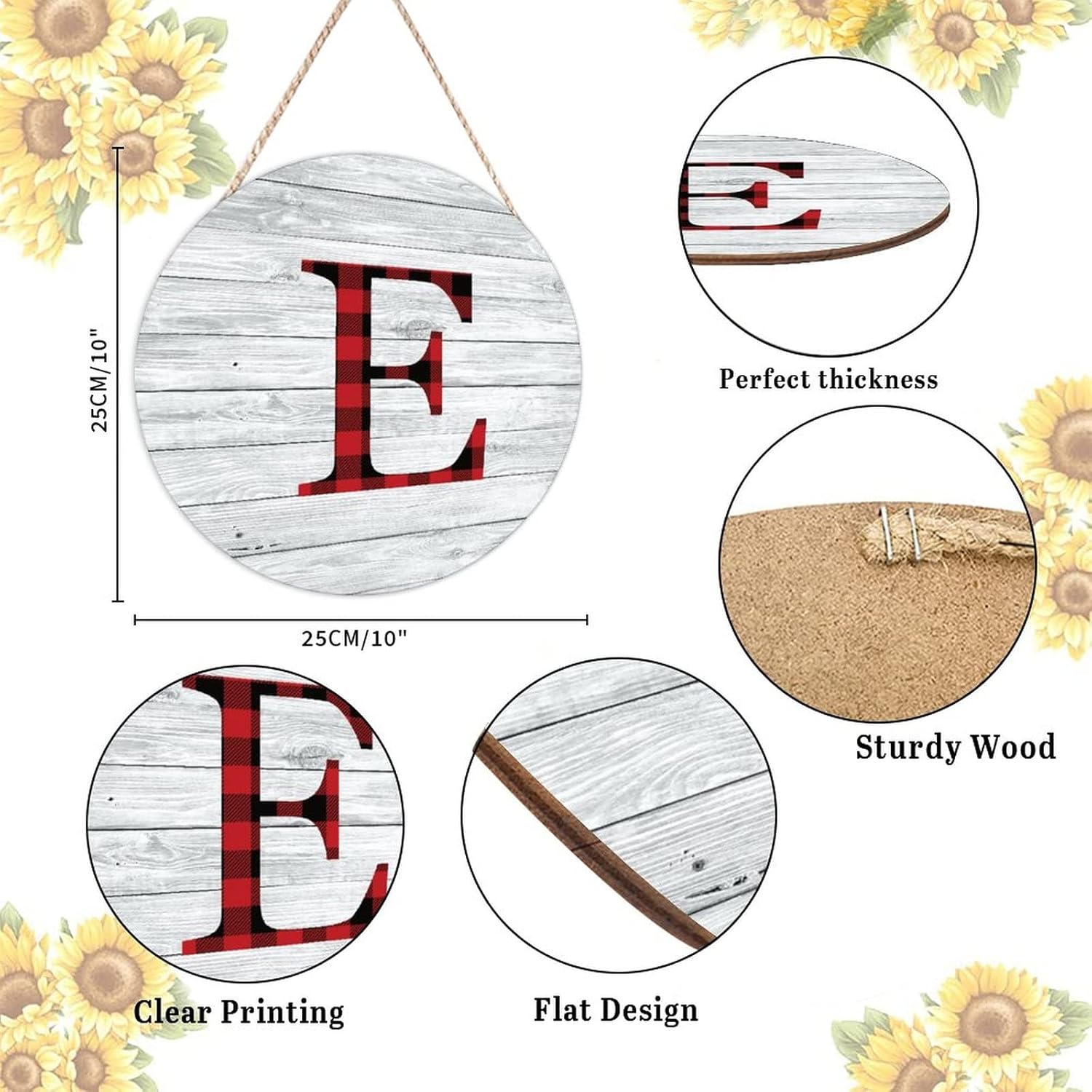 Farmhouse Door Hanger Red Black Buffalo Plaid Alphabet E Wood Sign 10x10in